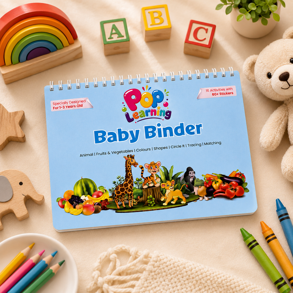 Pop Learning Baby Binder – Reusable Montessori Activity Book for Toddlers (1–3 Years) | 16 Learning Activities | 60+ Stickers