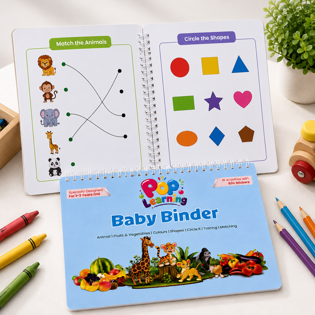Pop Learning Baby Binder – Reusable Montessori Activity Book for Toddlers (1–3 Years) | 16 Learning Activities | 60+ Stickers